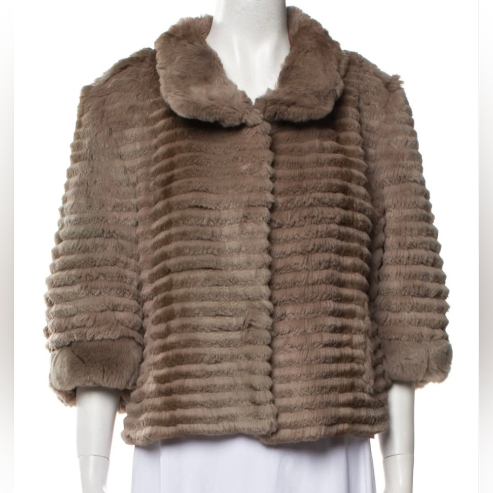 Belle Fare High Collared Layered Rex Rabbit Fur Bolero Jacket Beige sz XS
